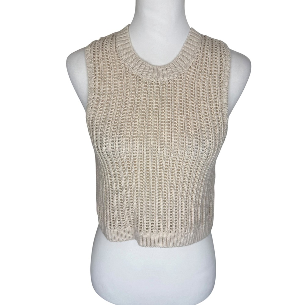 Hollister Womens XS Beige Crochet Knit Sleeveless Cropped Sweater Vest Crew Neck